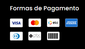 Formas de pagamento: Visa, Mastercard, Elo, American Express, Diners Club, Pix e boleto bancário.